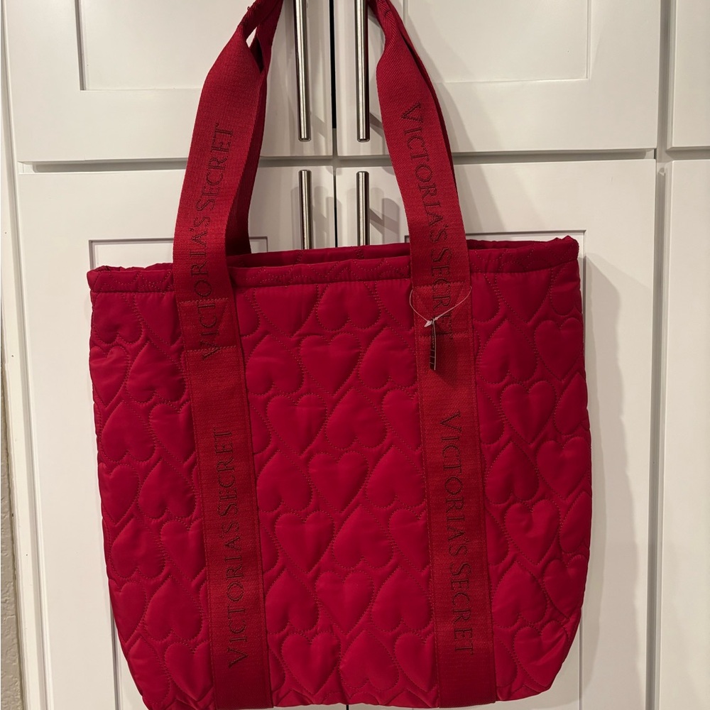 Victoria's Secret Red Tote Bag with Quilted Fabric and heart shapes design